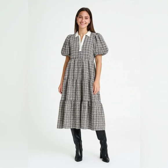 English Factory plaid A-line tiered midi dress - Picture 9 of 10